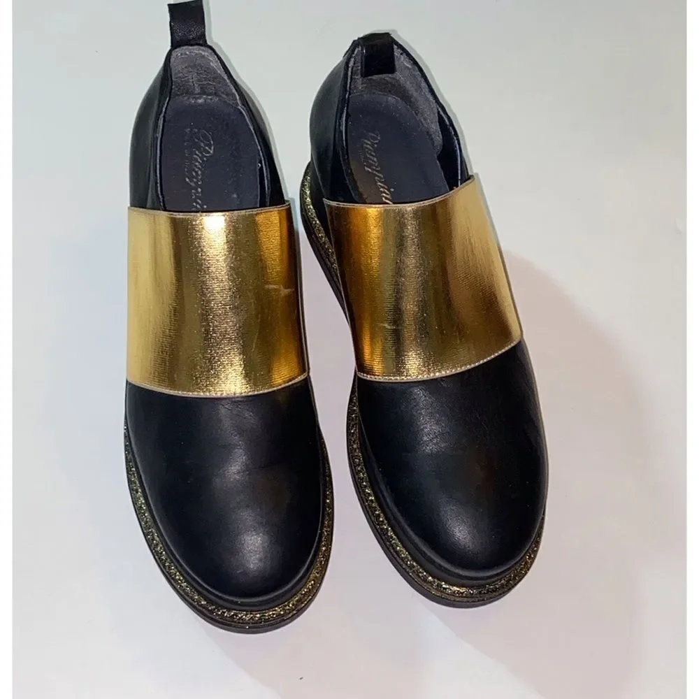 Piampiani Made In Italy Chic Black and Gold Women's Loafers Size 39